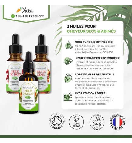 Pack Huiles pour Cheveux Secs et Abîmés - Soin Réparateur et Nourrissant 100% Bio